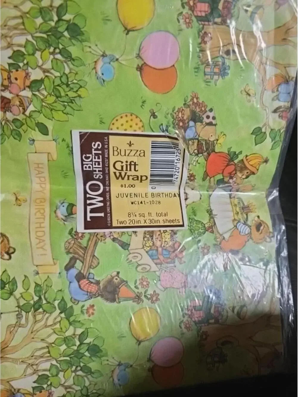 Vintage Buzza Juvenile Birthday Gift Wrap Two Big Sheets 20x30in Animals Green